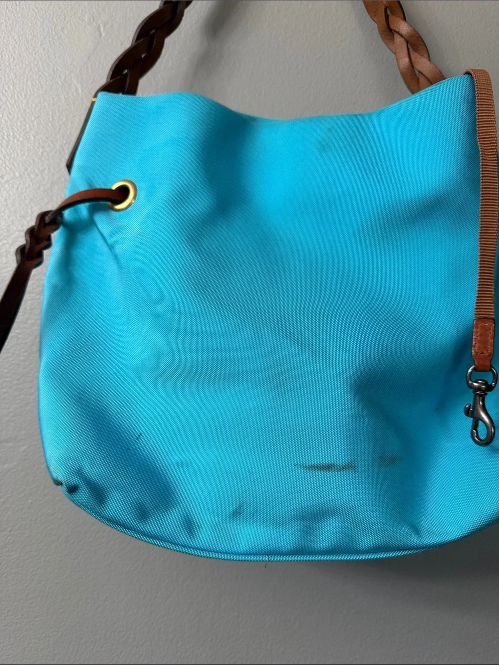 Dooney & Bourke Turquoise Canvas Hobo with Brown Leather Trim